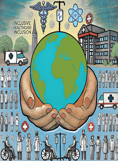 Artwork showing planet Earth held in a pair of hands, with healthcare professionals in the background