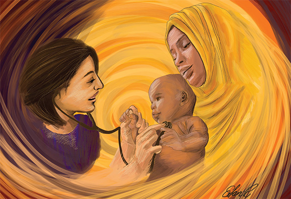 A parent holding up a child for examination by a healthcare professional. 