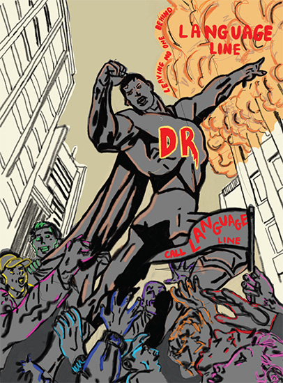 A superhero stands above a crowd