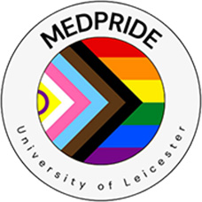 Logo for MedPRIDE Leicester incorporating LGBT+ flag