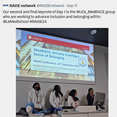 Social media shot of MedRACE students presenting at the RAISE conference