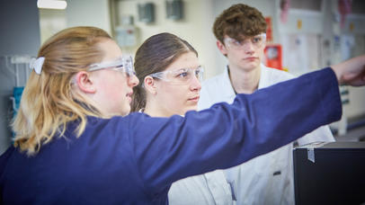A member of staff points out something to two students