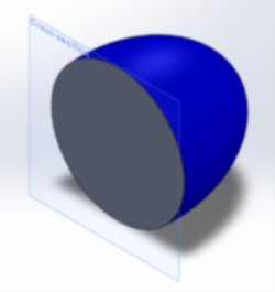 A blue 3D ellipsoid that has been cut in half to expose a grey circular cross section