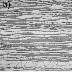 A second similar micrograph however the grains are now thinner and flatter and the two phases appear as thin horizontal bands