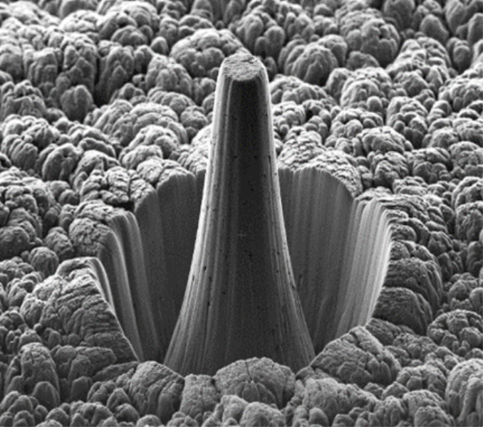 A micrograph of a rough surface with a circular trench. In the centre of the trench is a tall pillar.