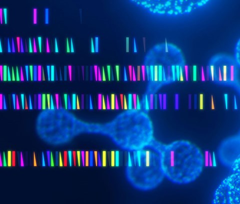 Sequencing data of genome analysis and a glowing particle molecular structure on black background.