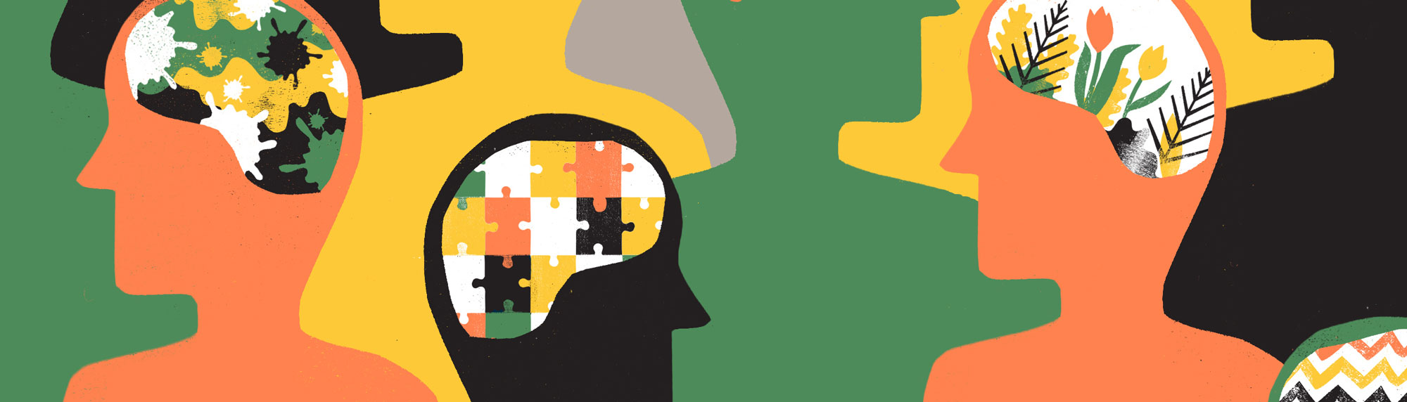 Illustration of silhouettes of people showing objects in their brains