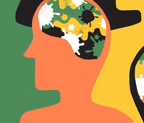 Illustration of silhouettes of people showing objects in their brains