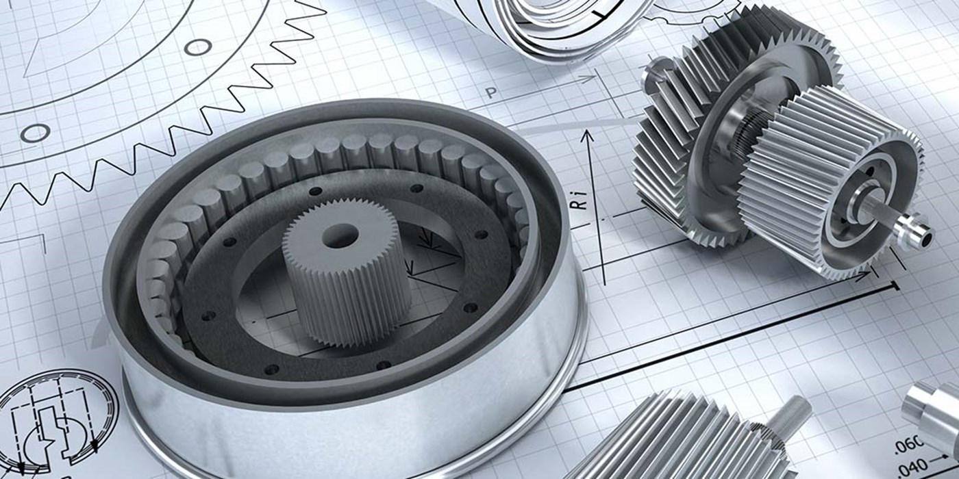 engineering cogs arranged on a technical drawing