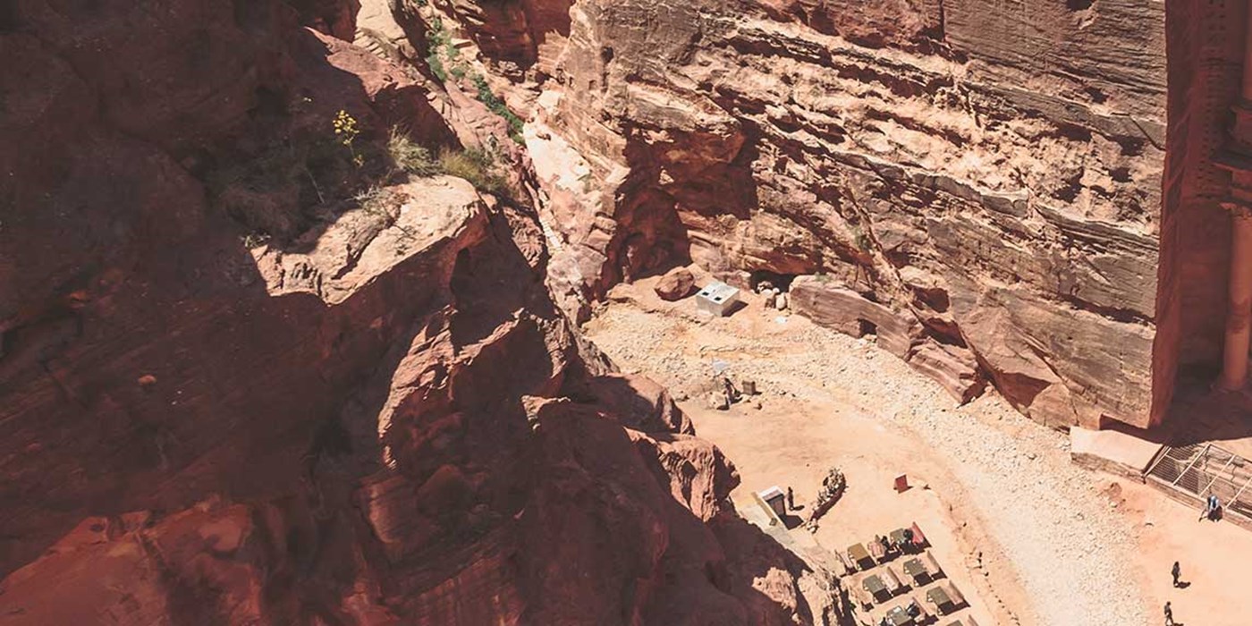 ancient structure in rock face from above