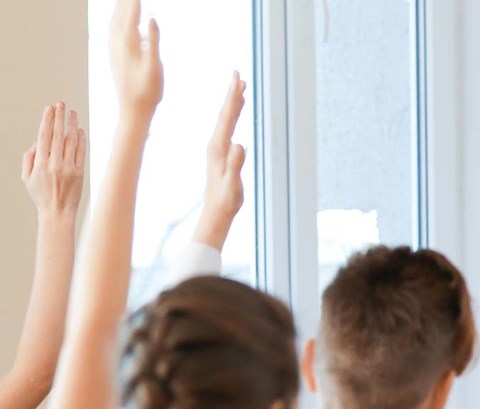 pupils raising hands to answer teacher in classroom