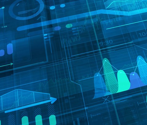 A large number of business graphs and charts in three-dimensional space.