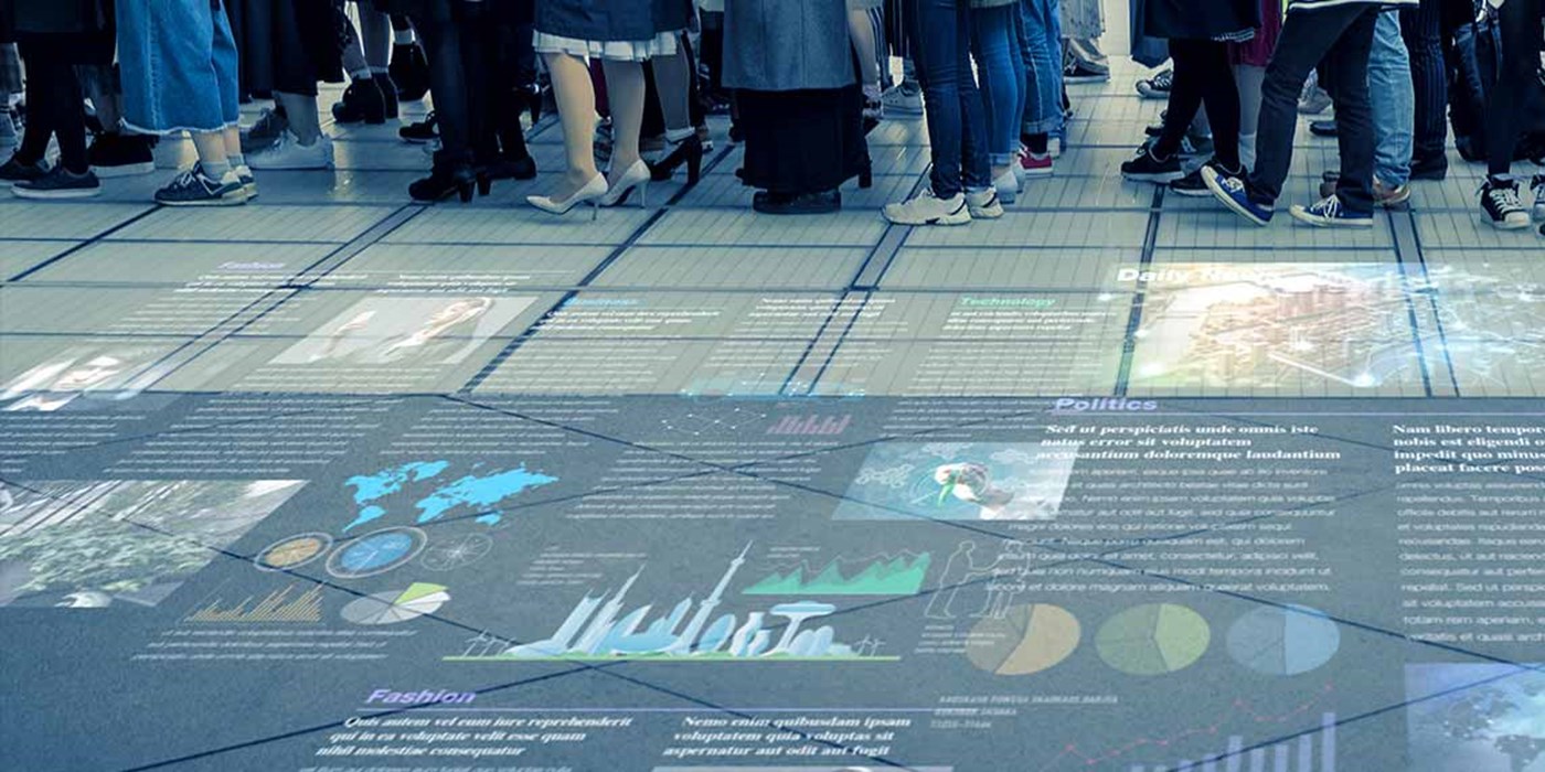 abstract image of news projected onto the floor alongside a queue of people