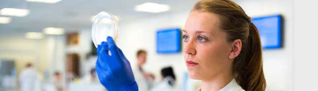 student inspecting a petri dish in a lab