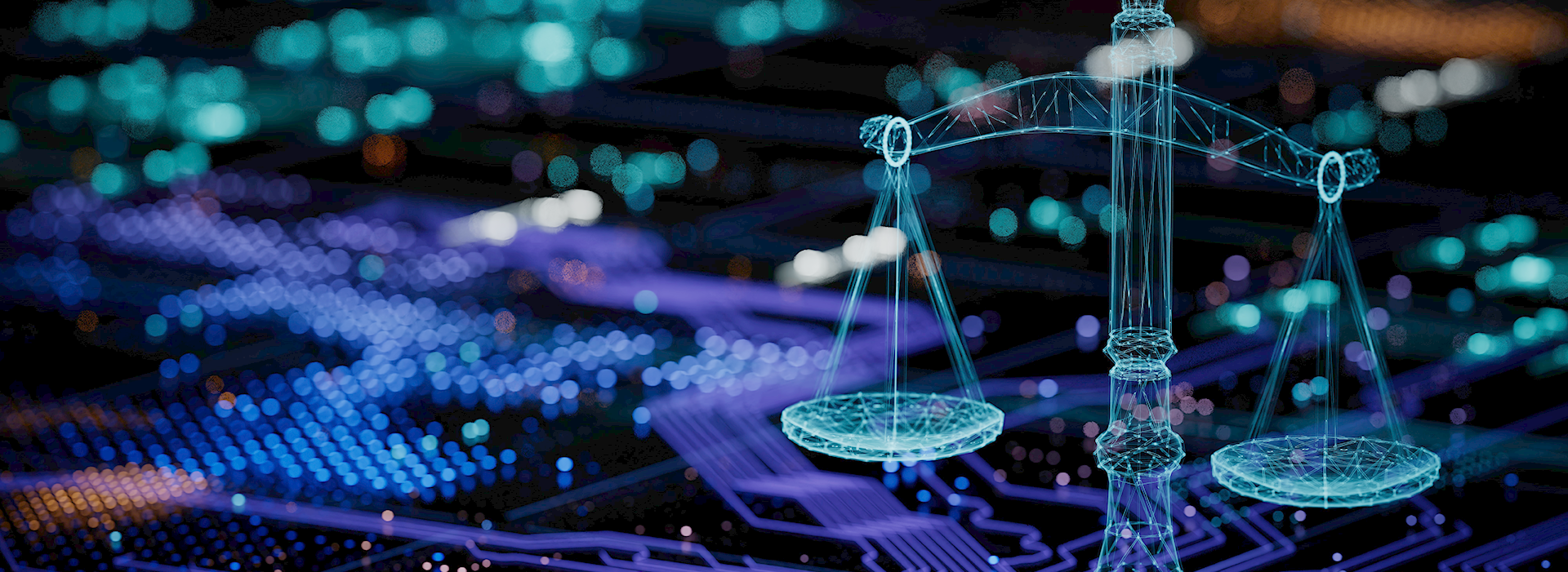 Scales of justice sitting on an image of digital technology