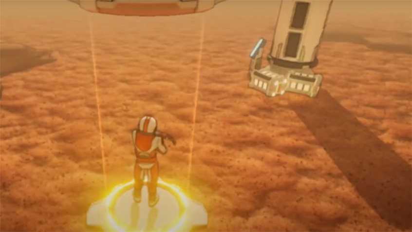screenshot from a students project within creative computing set in space with a spaceman walking on a planet near their rocketship
