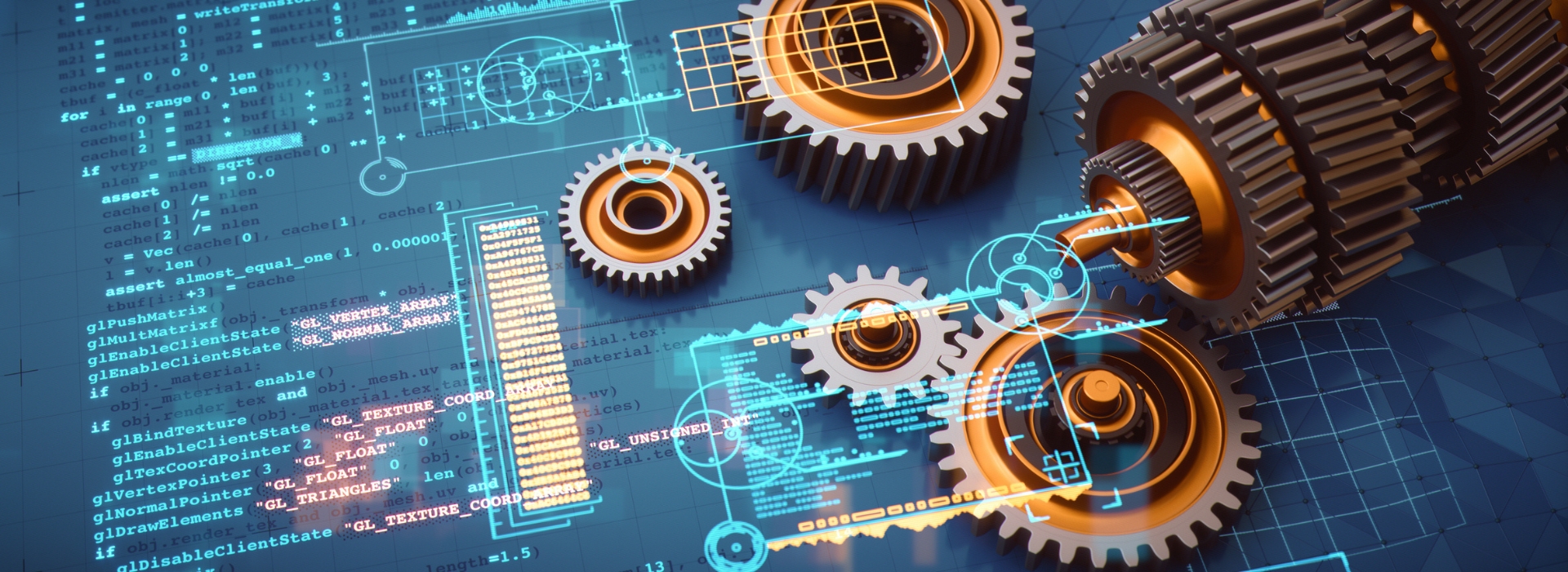 A collection of interlocking gears on a blue background, symbolizing engineering and mechanical processes.