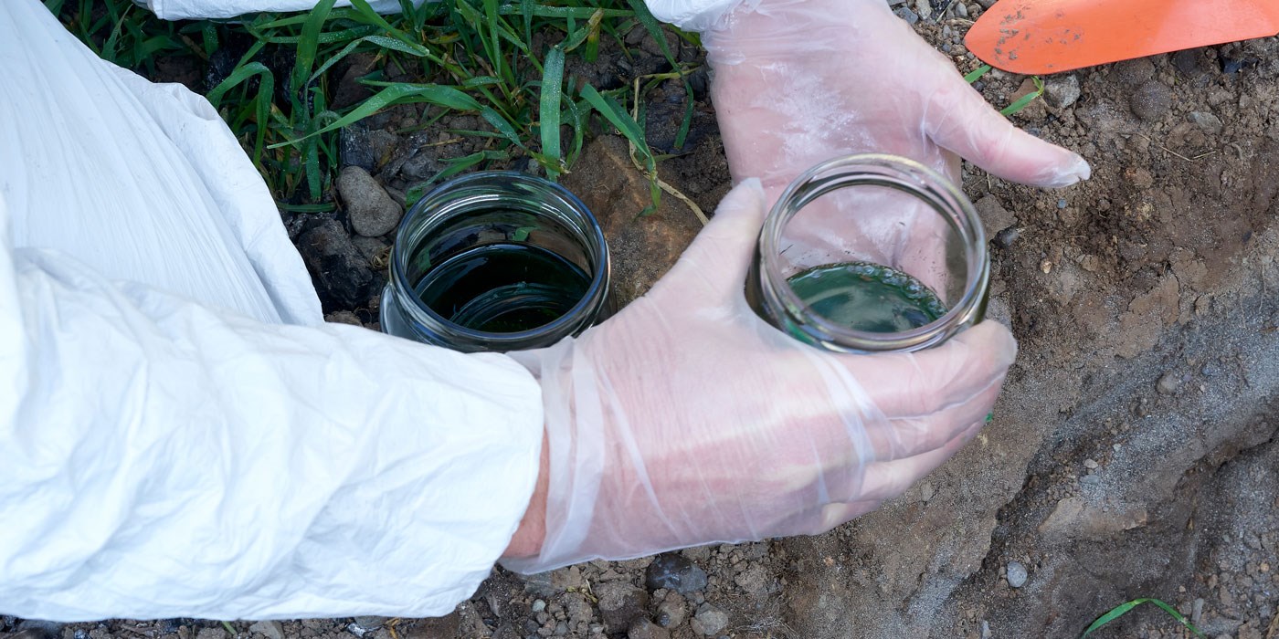 A researcher holds a jar with samples for soil analysis