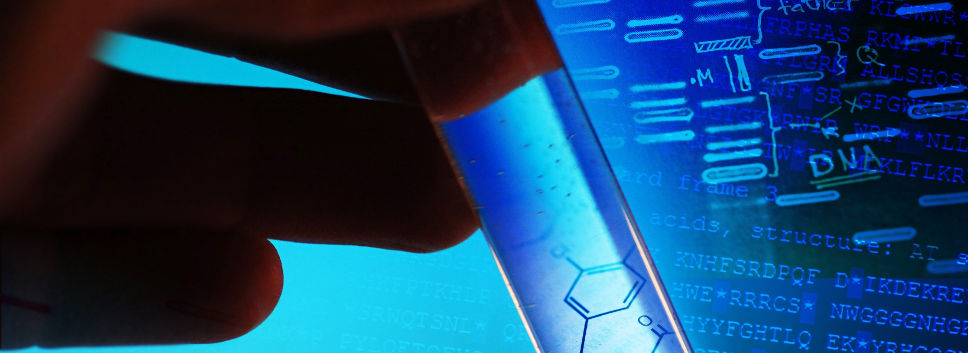 Close up of hand carrying test tube with molecules, abstract neon blue background