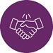 Purple circle with white outline of shaking hands.