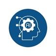 Solid blue circle with white outline of head, cog symbol with 'AI' wording.