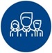 Solid blue circle with three while outlines of healthcare professionals