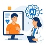 Cartoon info graphic of patient and healthcare professional and blue AI icon.