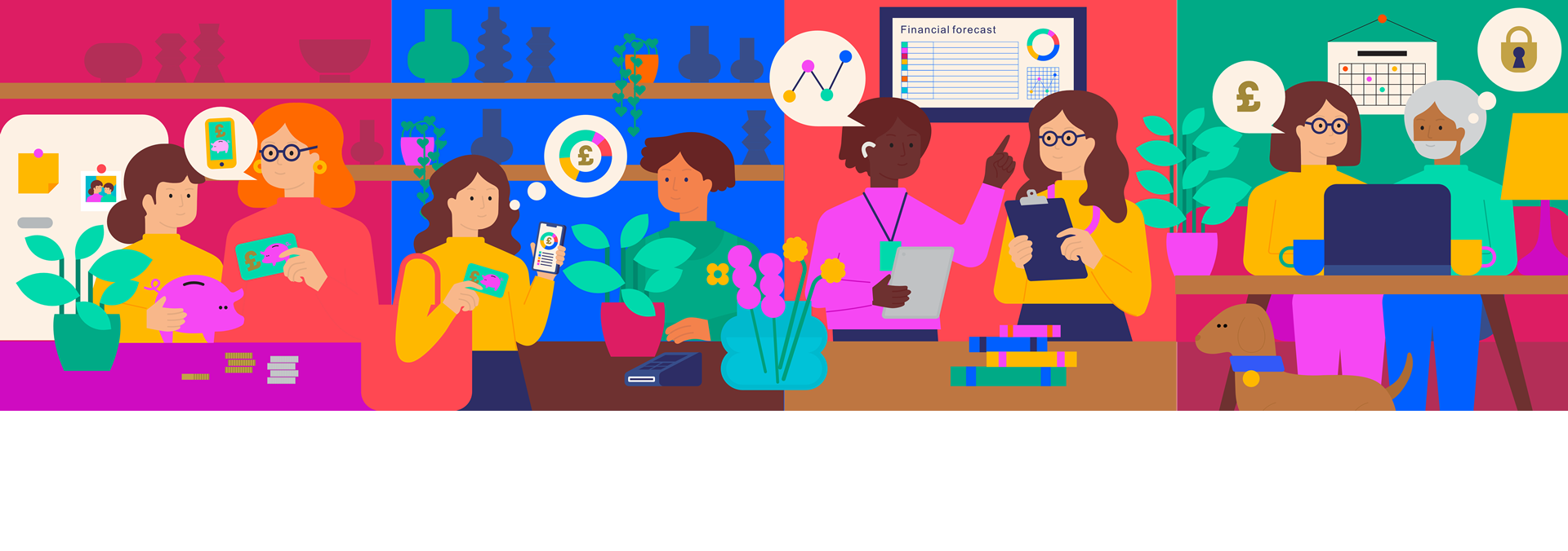 Multi-coloured animation of people talking and working.