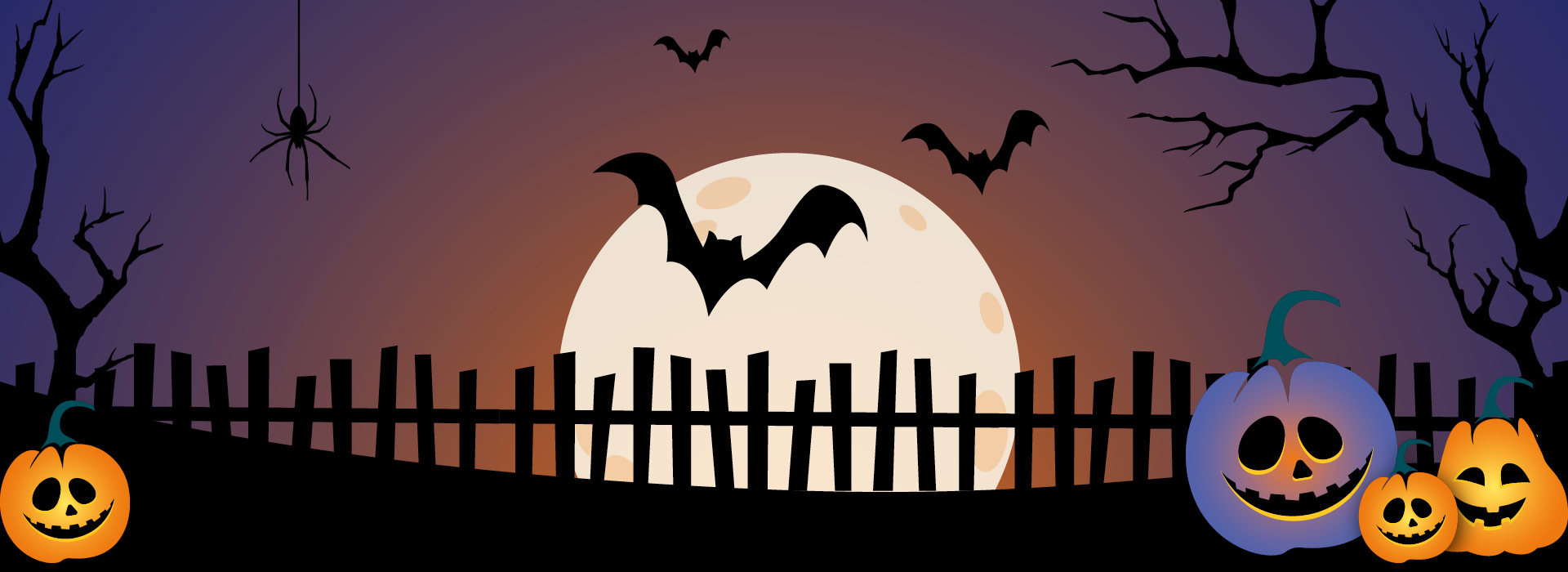 Halloween-themed background featuring carved pumpkins and flying bats against a dark, spooky atmosphere.