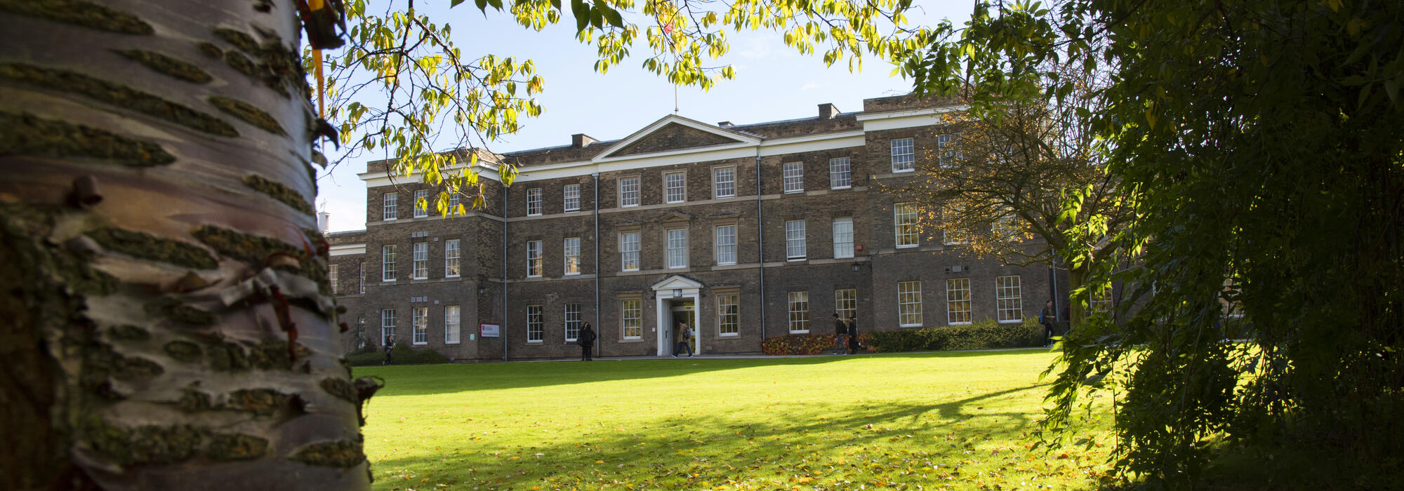  A prominent campus building with an extensive facade of windows, set against a clear autumn sky.