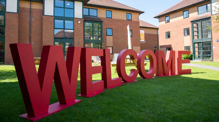 Large welcome letters in the middle of Leicester campus