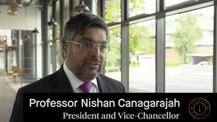 President and Vice-Chancellor Professor Nishan Canagarajah talking to camera about the Centenary golden book