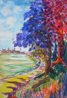 Painting by Joyce Hulford, of colourful trees by a field