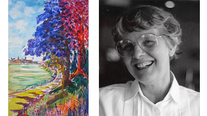 A photograph of Joyce Hulford, alongside one of her colourful paintings