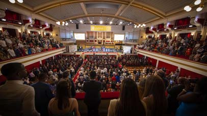 View of the graduation ceremony from the back of De Montfort Hall