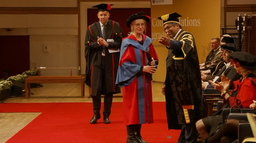 Professor Lynne Frostick CBE receiving an honorary degree at the University of Leicester