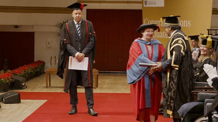 Fiona Rayment receiving an honorary degree at the University of Leicester