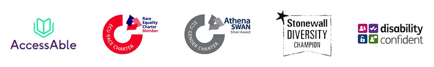 logos for AccessAble, Equalities Charter, Athena SWAN, Stonewall Diversity Champion, Disability Confident