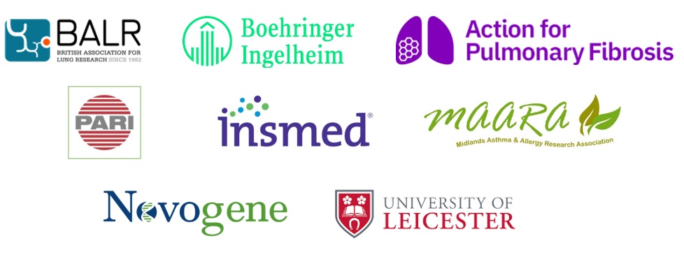 Partner logos for: British Association of Lung research, Boehringer Ingelheim, Action for Pulmonary Fibrosis, PARI, Insmed, Maara, Novogene, University of Leicester