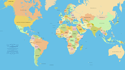 Graphic map of the world with countries labelled. 