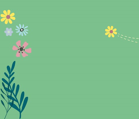 Illustration of leaves, flowers and clouds on a green background.