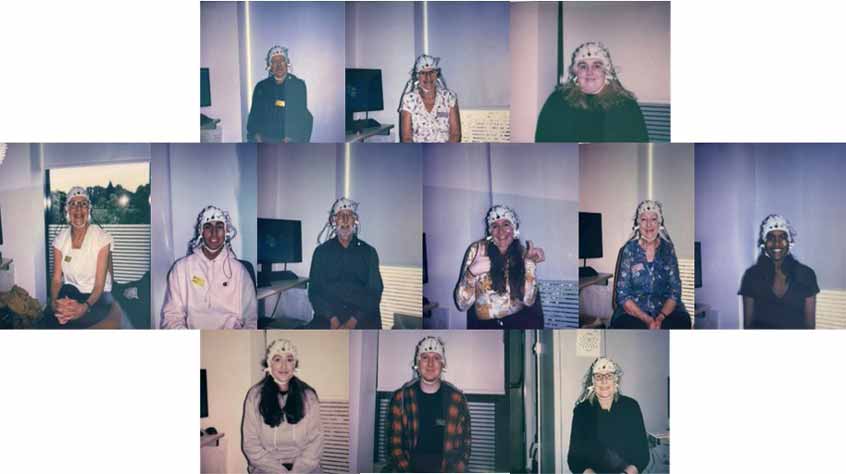 Collage of 12 participants wearing a brain monitoring helmet