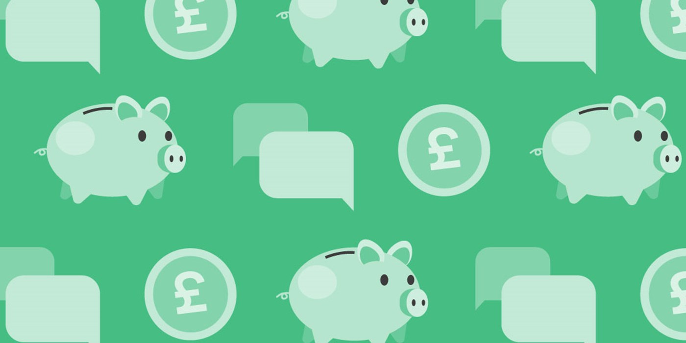 Illustration of multiple piggy banks, pound signs and speech bubbles.