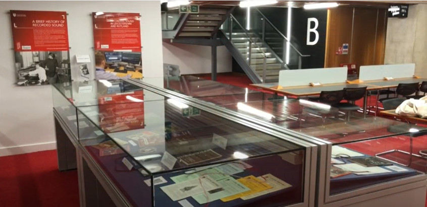 A photo of display cases in the University of Leicester library