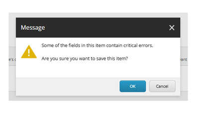 Screenshot of a warning message in the backed of a content management system
