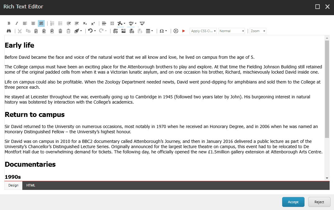 Gif showing how to create an internal link in a content management system