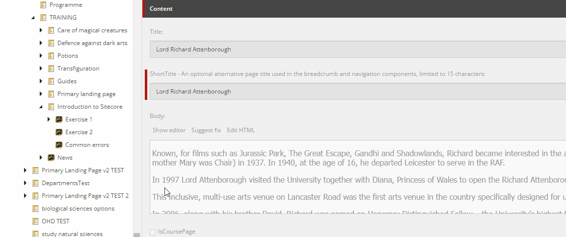 Gif showing how to create a new page in a content management system