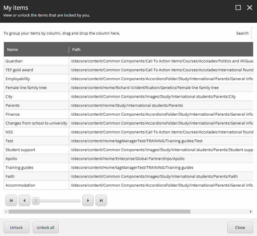 Screenshot of a window in a content management system