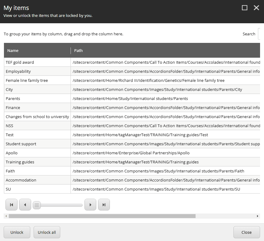 Screenshot of a window in a content management system