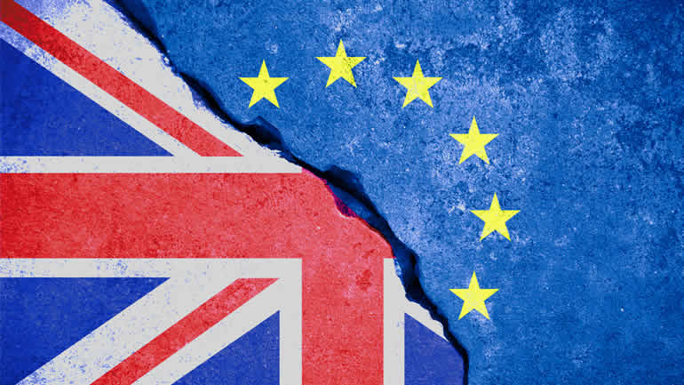 UK and EU flag sprayed onto broken concrete